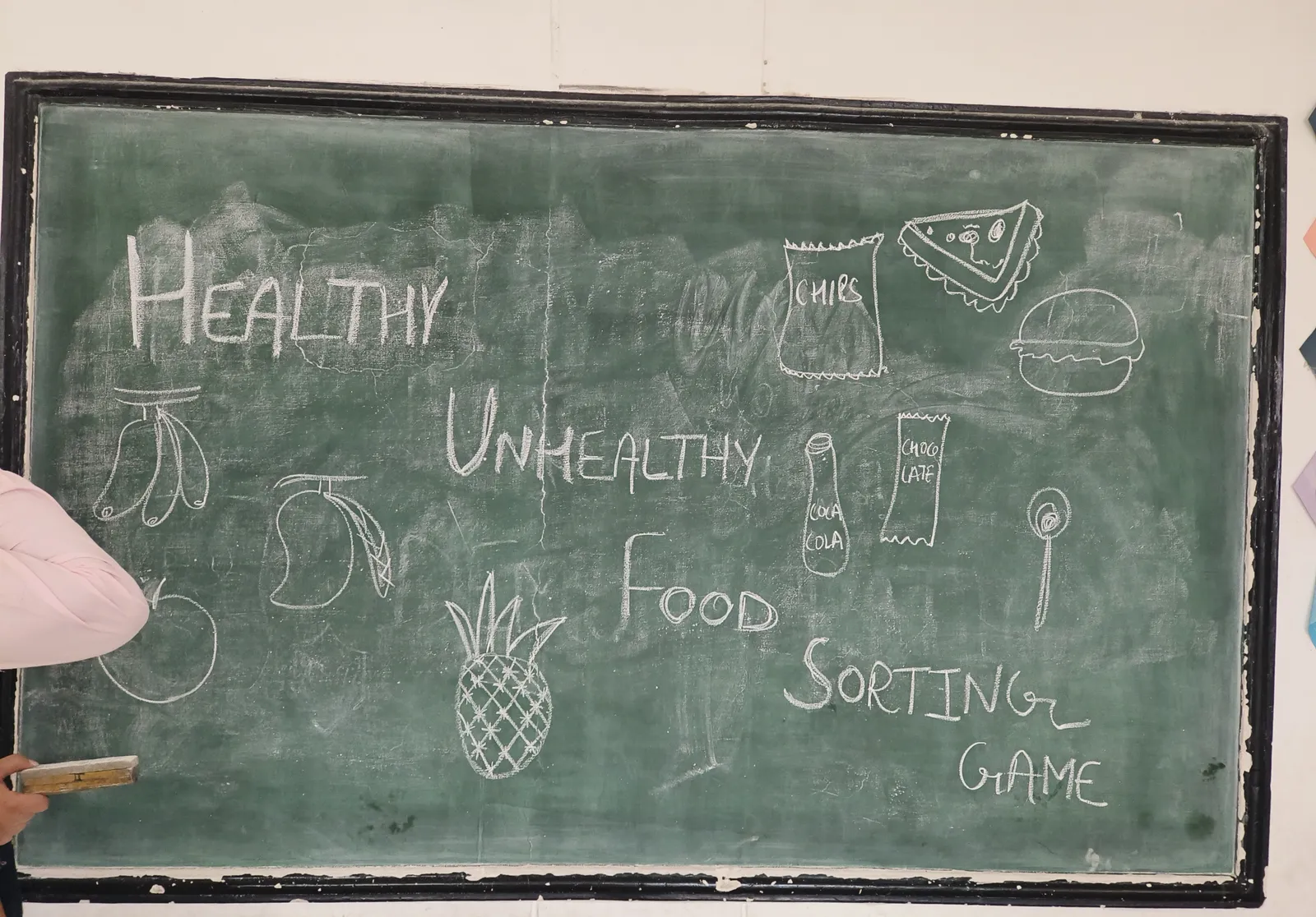 Chalkboard drawing of fruit, chips and a burger, titled Healthy Unhealthy Food Sorting Game
